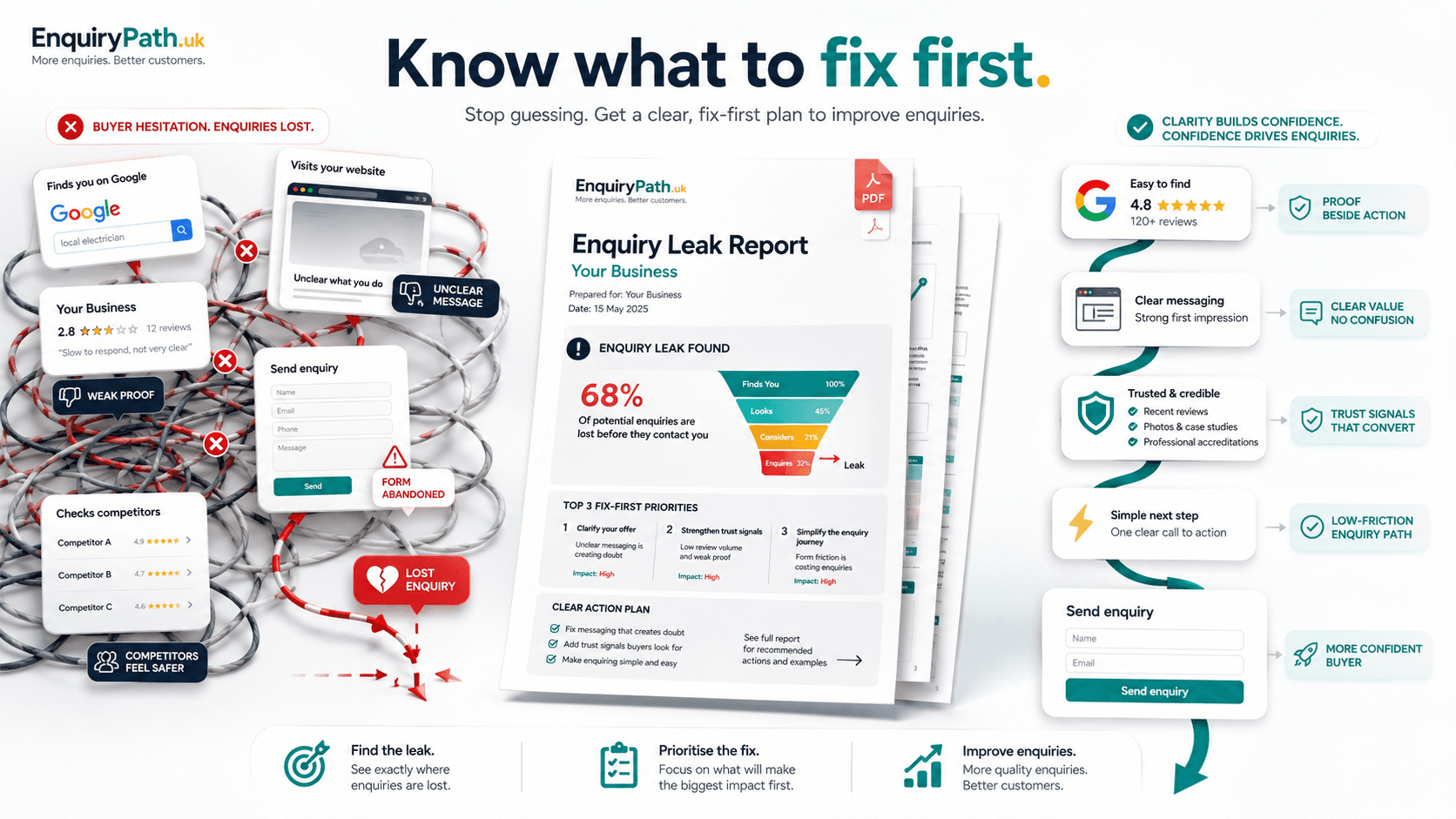 EnquiryPath product proof visual showing a diagnostic report and fix-first priorities.